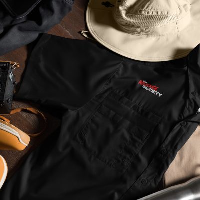 Short Sleeve Button Up Shirt: TRS White Text Logo