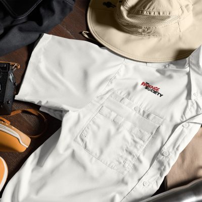 Short Sleeve Button Up Shirt: TRS Black Text Logo