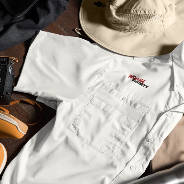 Short Sleeve Button Up Shirt: TRS Black Text Logo